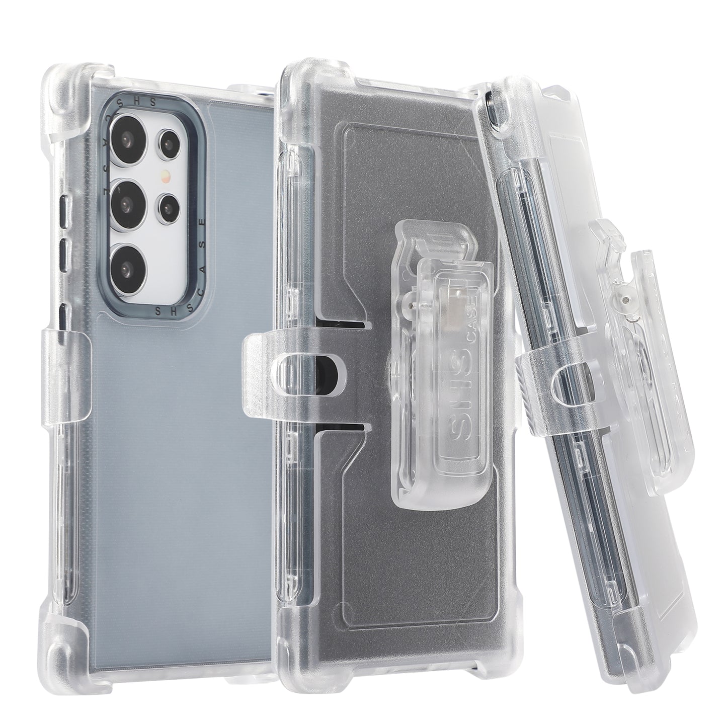 For Samsung Galaxy S24 Ultra Slide Belt Holster Case Kickstand Matte PC+TPU Mobile Phone Cover - Transparent Sapphire