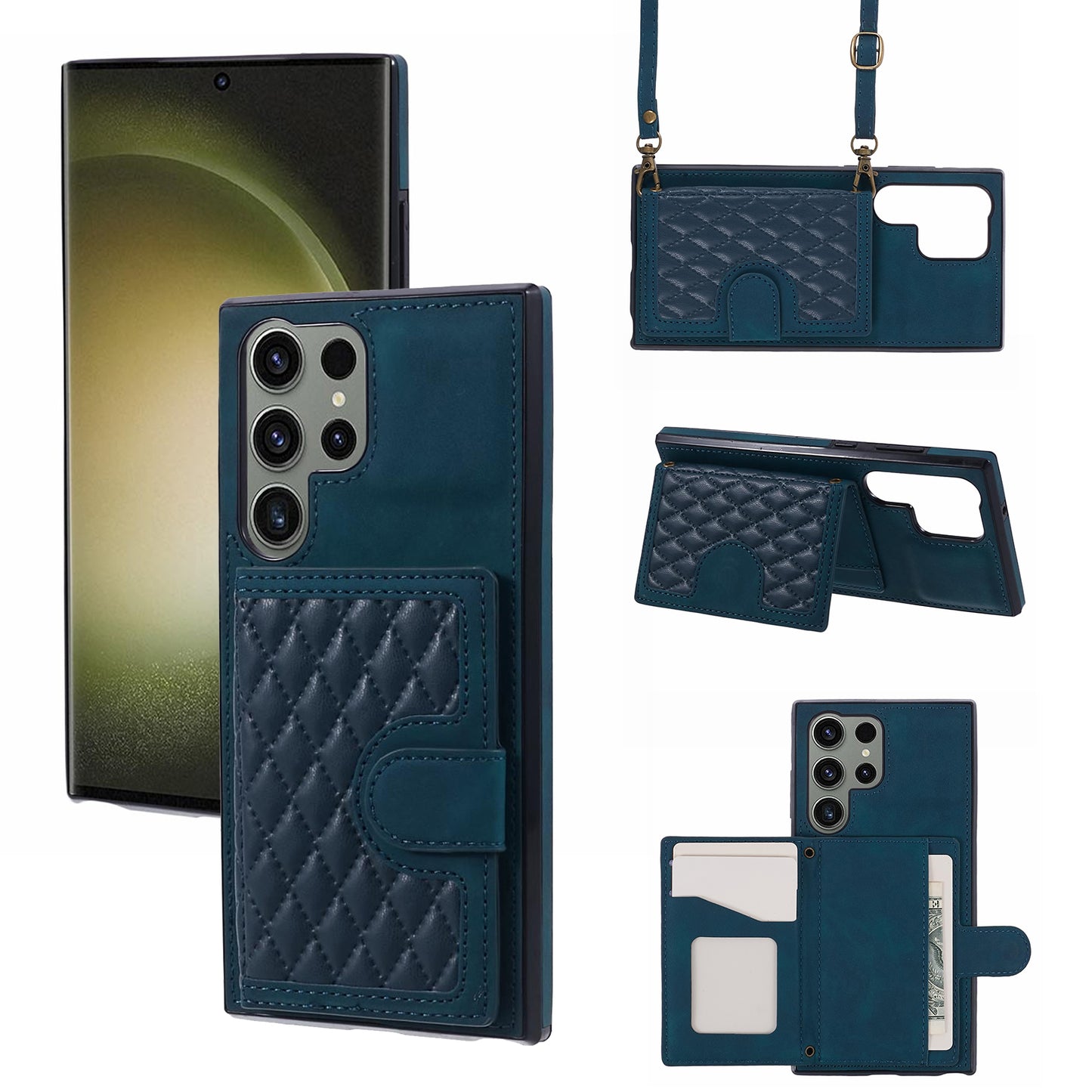 For Samsung Galaxy S24 Ultra Cell Phone Case Rhombus Imprinted Card Holder Cover with Long Strap - Green
