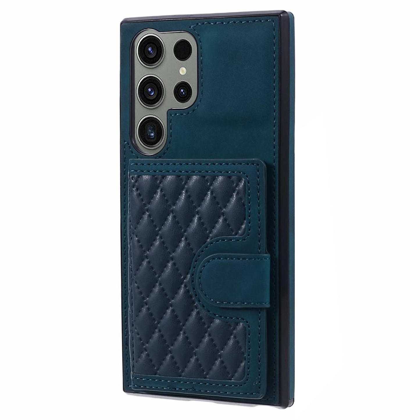 For Samsung Galaxy S24 Ultra Cell Phone Case Rhombus Imprinted Card Holder Cover with Long Strap - Green