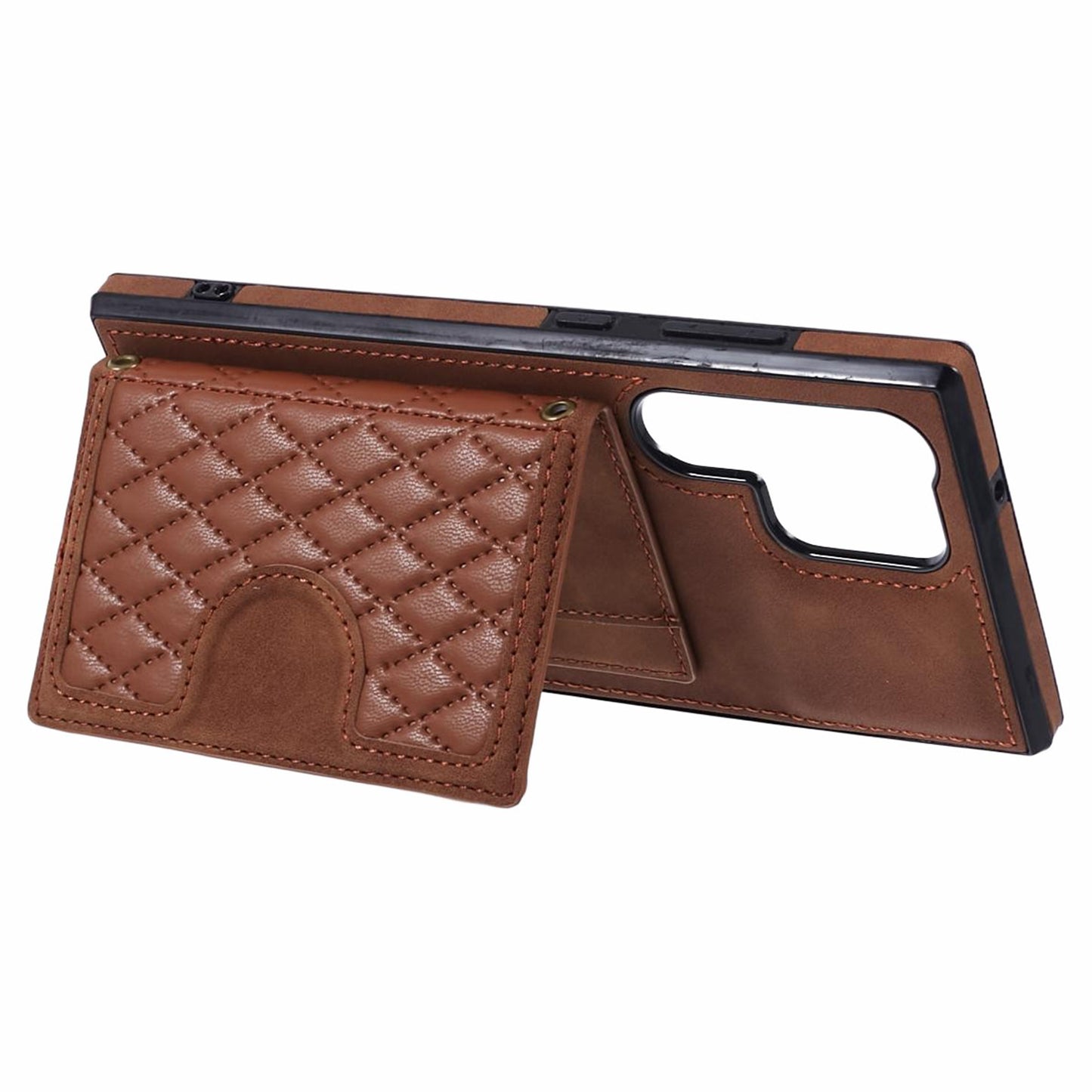 For Samsung Galaxy S24 Ultra Cell Phone Case Rhombus Imprinted Card Holder Cover with Long Strap - Brown
