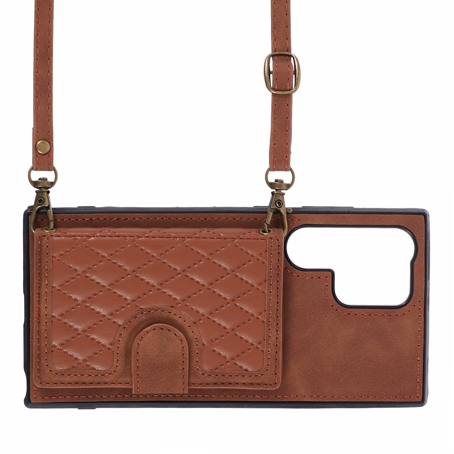 For Samsung Galaxy S24 Ultra Cell Phone Case Rhombus Imprinted Card Holder Cover with Long Strap - Brown