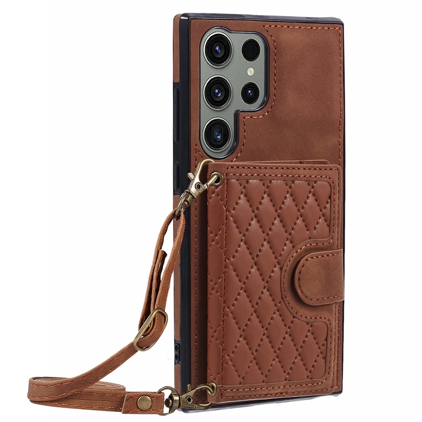 For Samsung Galaxy S24 Ultra Cell Phone Case Rhombus Imprinted Card Holder Cover with Long Strap - Brown