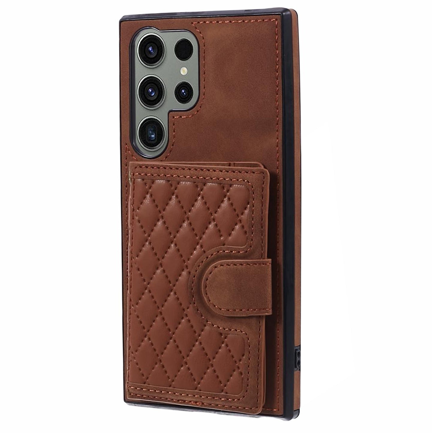 For Samsung Galaxy S24 Ultra Cell Phone Case Rhombus Imprinted Card Holder Cover with Long Strap - Brown