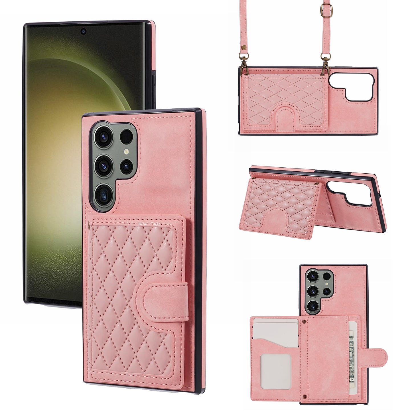 For Samsung Galaxy S24 Ultra Cell Phone Case Rhombus Imprinted Card Holder Cover with Long Strap - Rose Gold