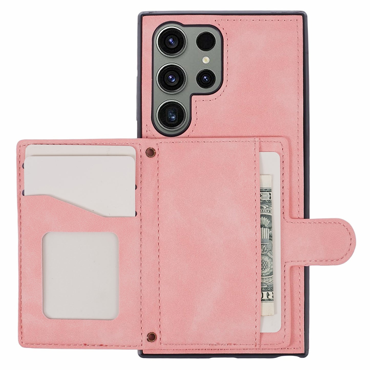 For Samsung Galaxy S24 Ultra Cell Phone Case Rhombus Imprinted Card Holder Cover with Long Strap - Rose Gold