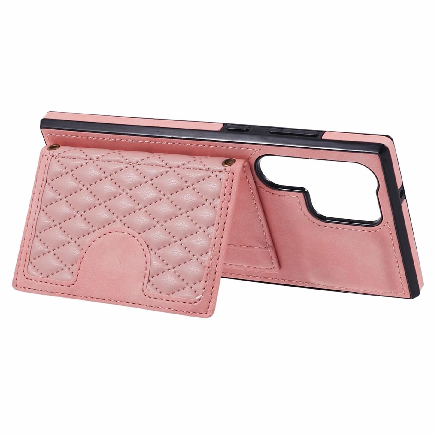 For Samsung Galaxy S24 Ultra Cell Phone Case Rhombus Imprinted Card Holder Cover with Long Strap - Rose Gold