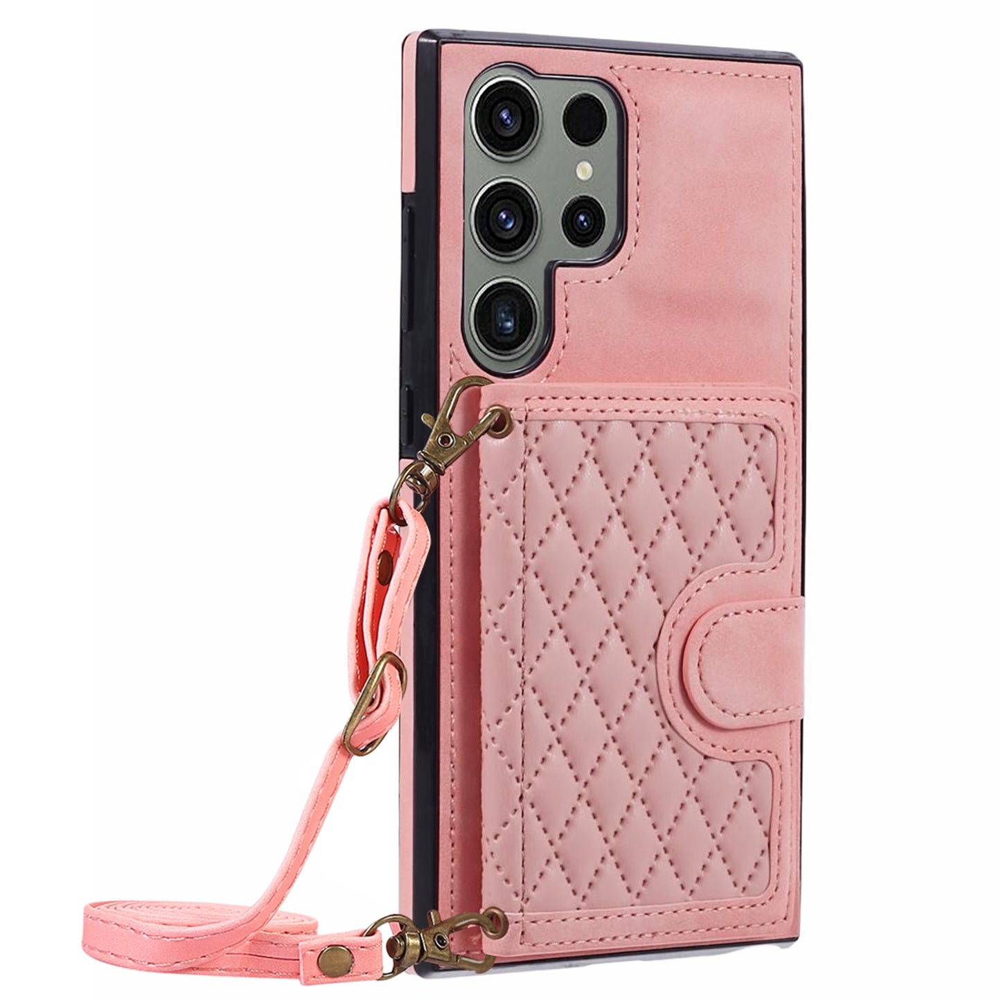 For Samsung Galaxy S24 Ultra Cell Phone Case Rhombus Imprinted Card Holder Cover with Long Strap - Rose Gold