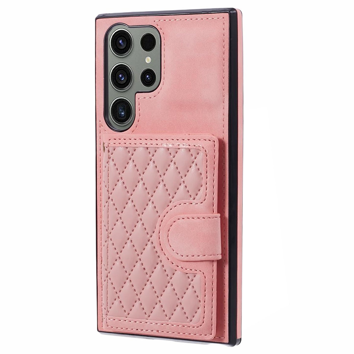 For Samsung Galaxy S24 Ultra Cell Phone Case Rhombus Imprinted Card Holder Cover with Long Strap - Rose Gold