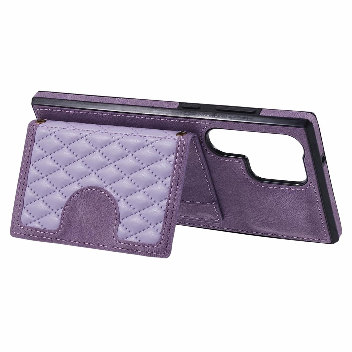 For Samsung Galaxy S24 Ultra Cell Phone Case Rhombus Imprinted Card Holder Cover with Long Strap - Purple