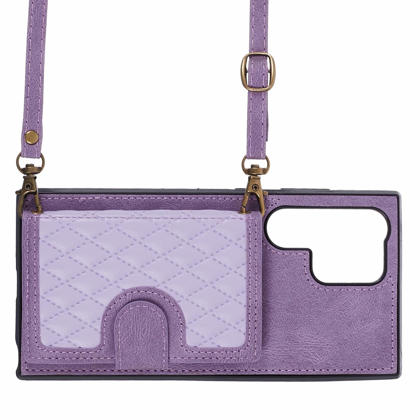 For Samsung Galaxy S24 Ultra Cell Phone Case Rhombus Imprinted Card Holder Cover with Long Strap - Purple