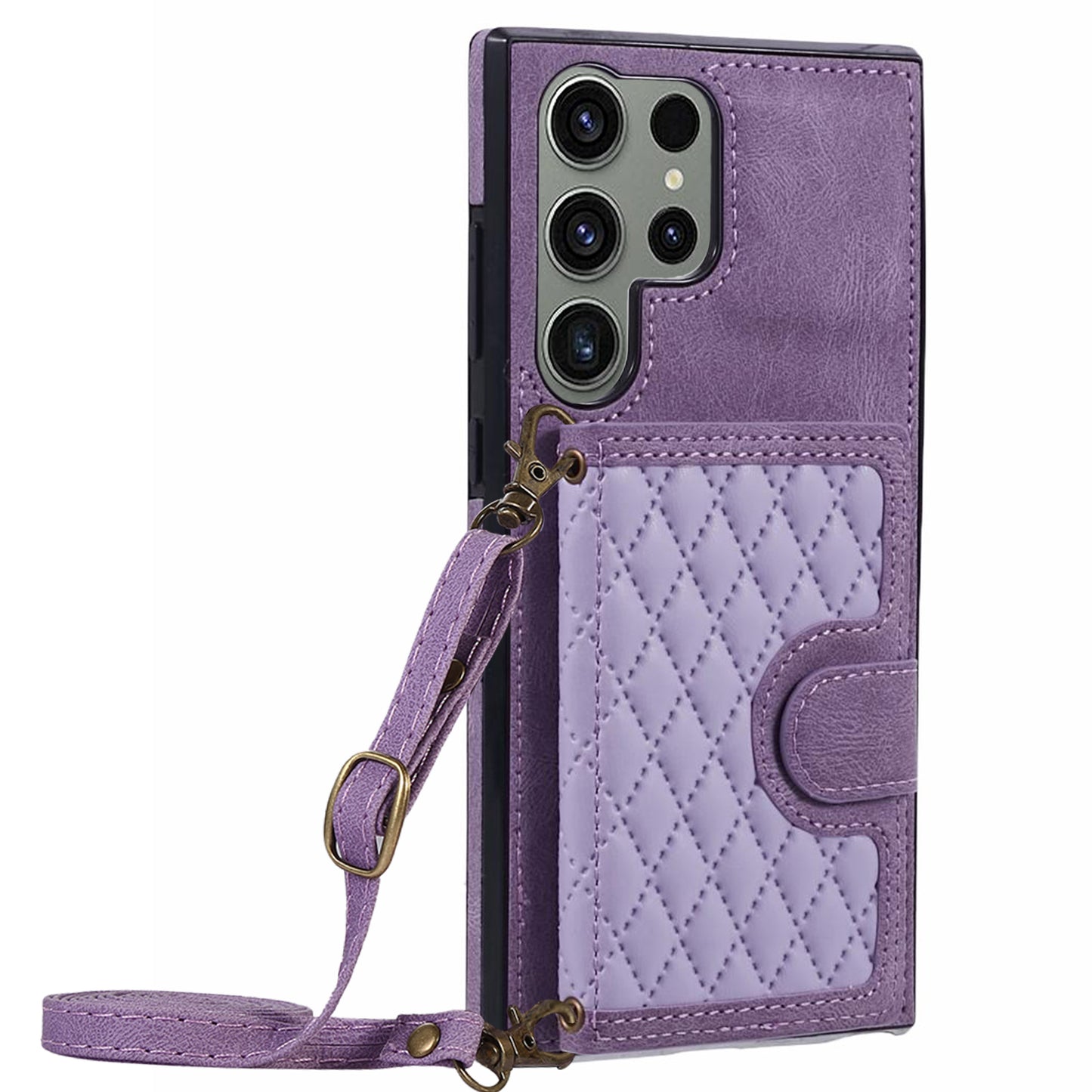 For Samsung Galaxy S24 Ultra Cell Phone Case Rhombus Imprinted Card Holder Cover with Long Strap - Purple