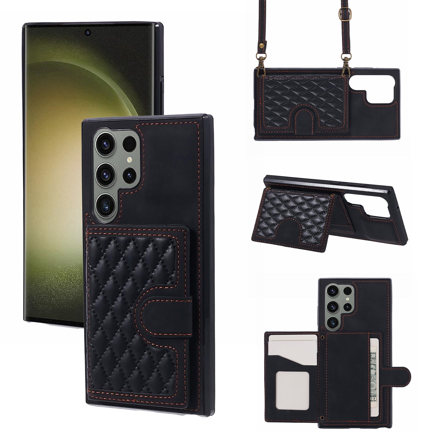 For Samsung Galaxy S24 Ultra Cell Phone Case Rhombus Imprinted Card Holder Cover with Long Strap - Black