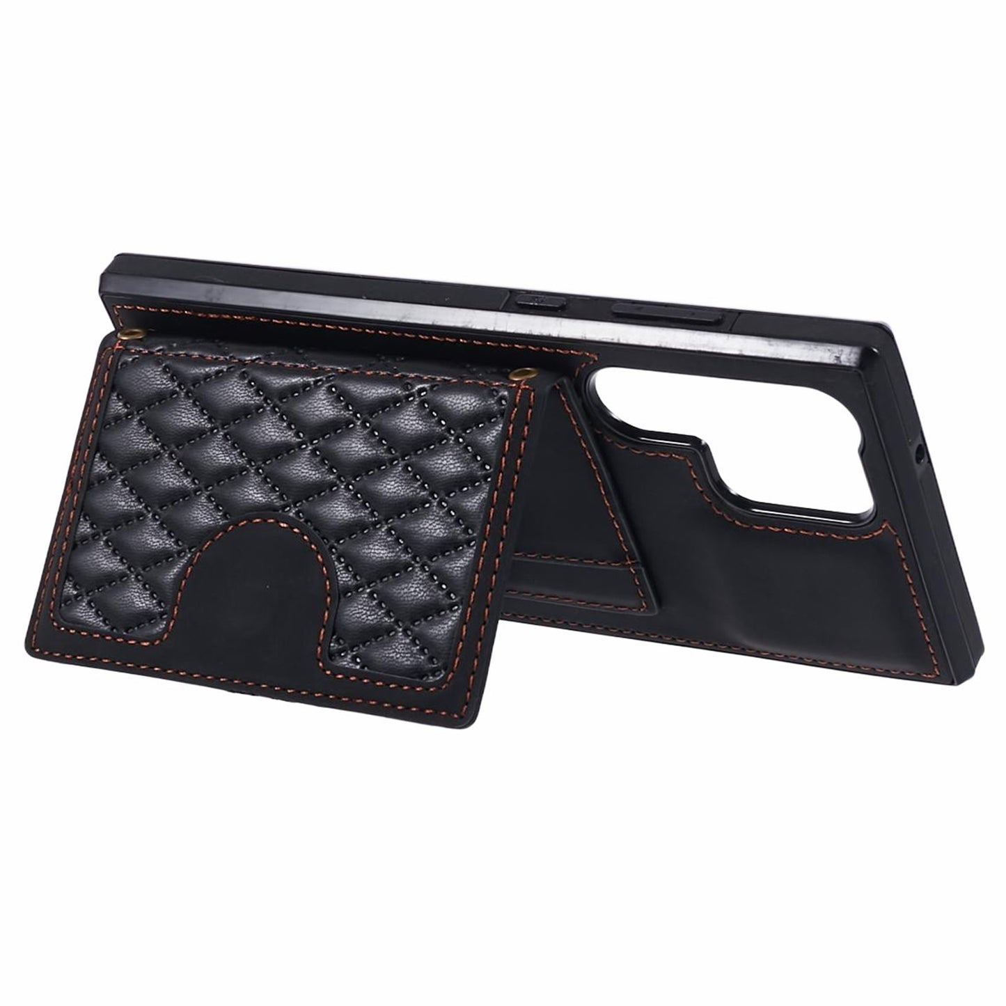 For Samsung Galaxy S24 Ultra Cell Phone Case Rhombus Imprinted Card Holder Cover with Long Strap - Black