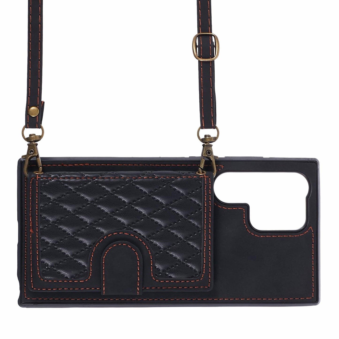 For Samsung Galaxy S24 Ultra Cell Phone Case Rhombus Imprinted Card Holder Cover with Long Strap - Black