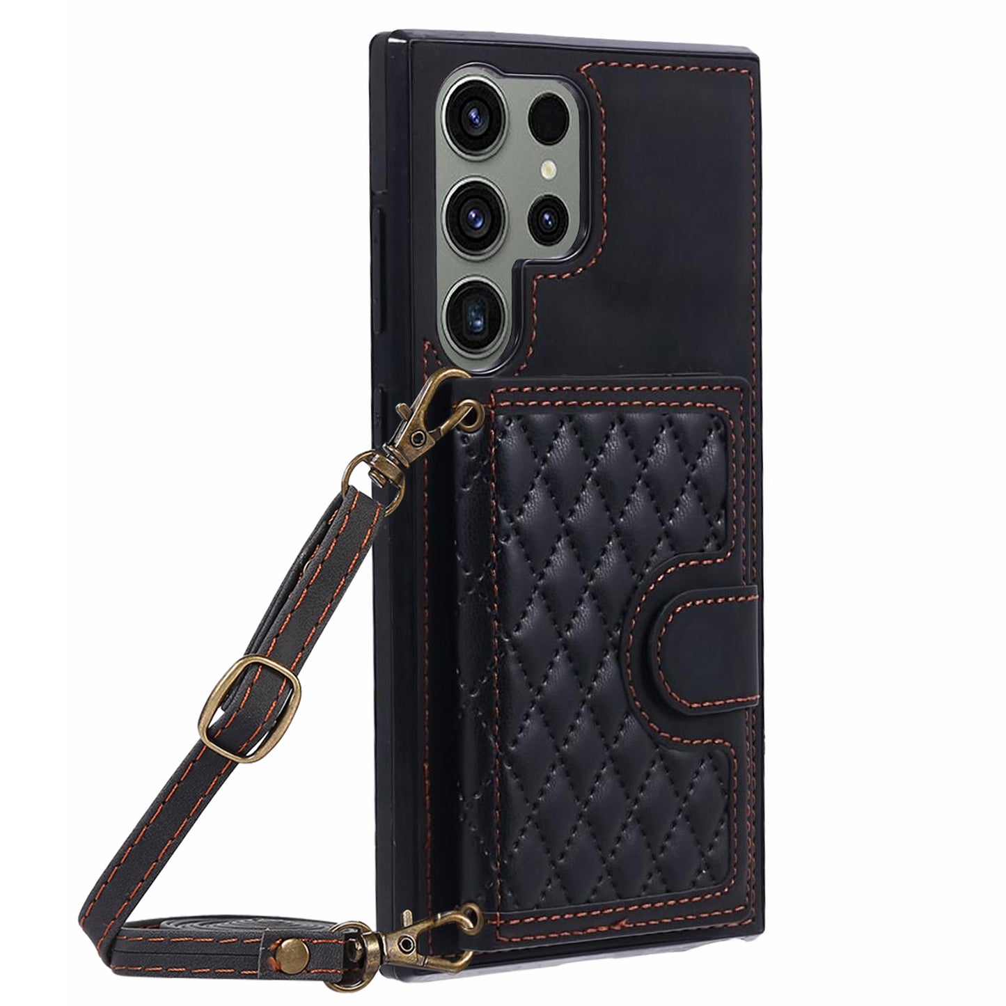 For Samsung Galaxy S24 Ultra Cell Phone Case Rhombus Imprinted Card Holder Cover with Long Strap - Black