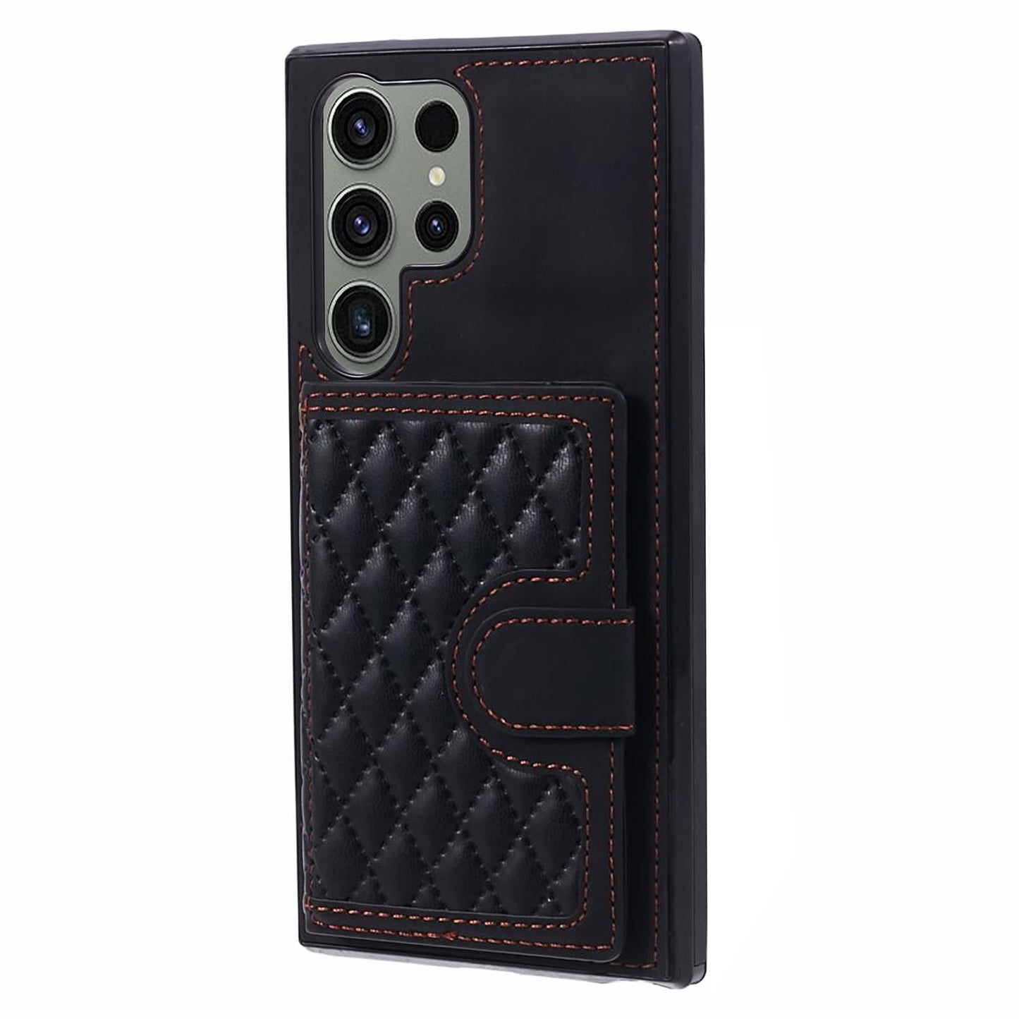 For Samsung Galaxy S24 Ultra Cell Phone Case Rhombus Imprinted Card Holder Cover with Long Strap - Black