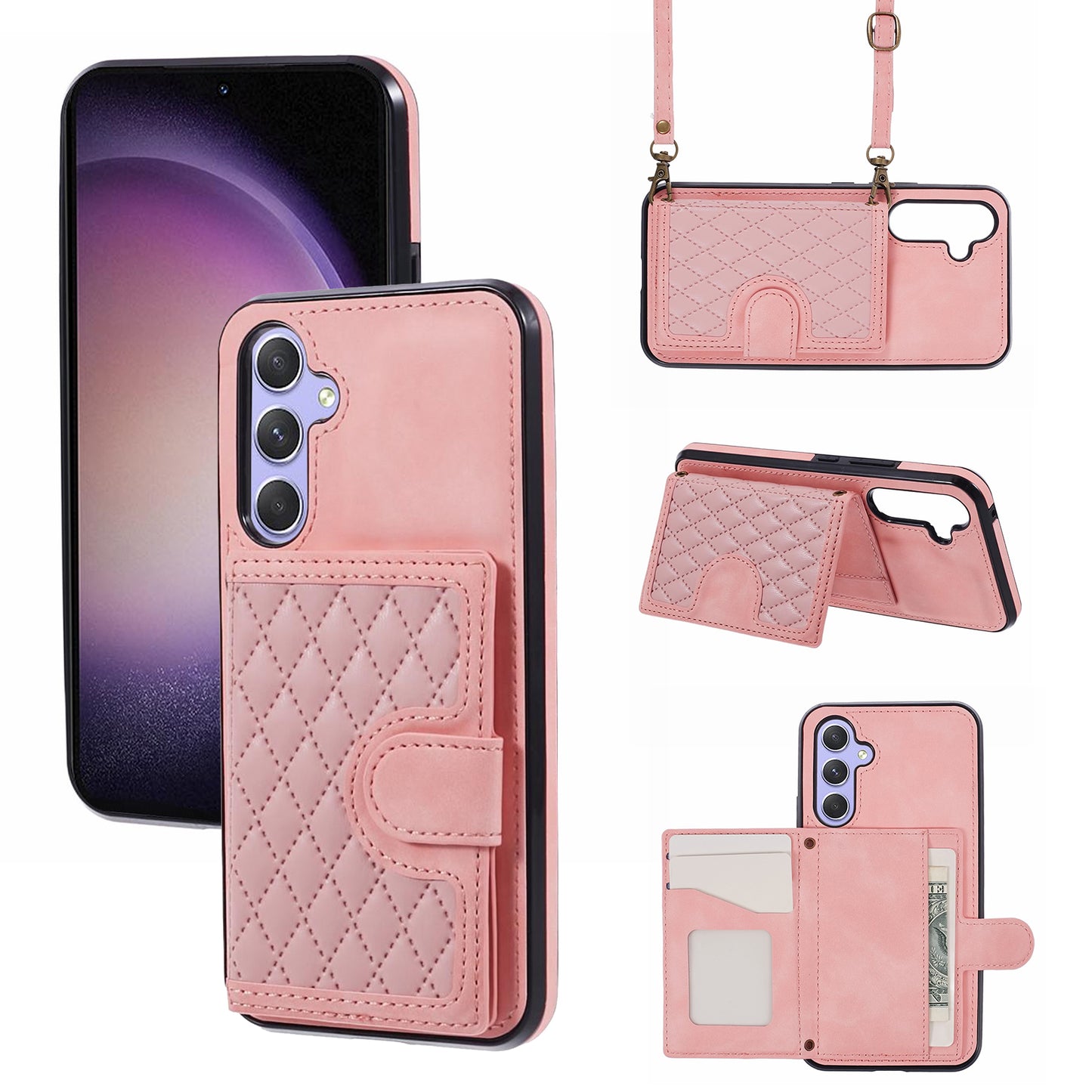 For Samsung Galaxy S24+ Cell Phone Case PU Leather + TPU Card Bag Kickstand Anti-shock Cover - Rose Gold