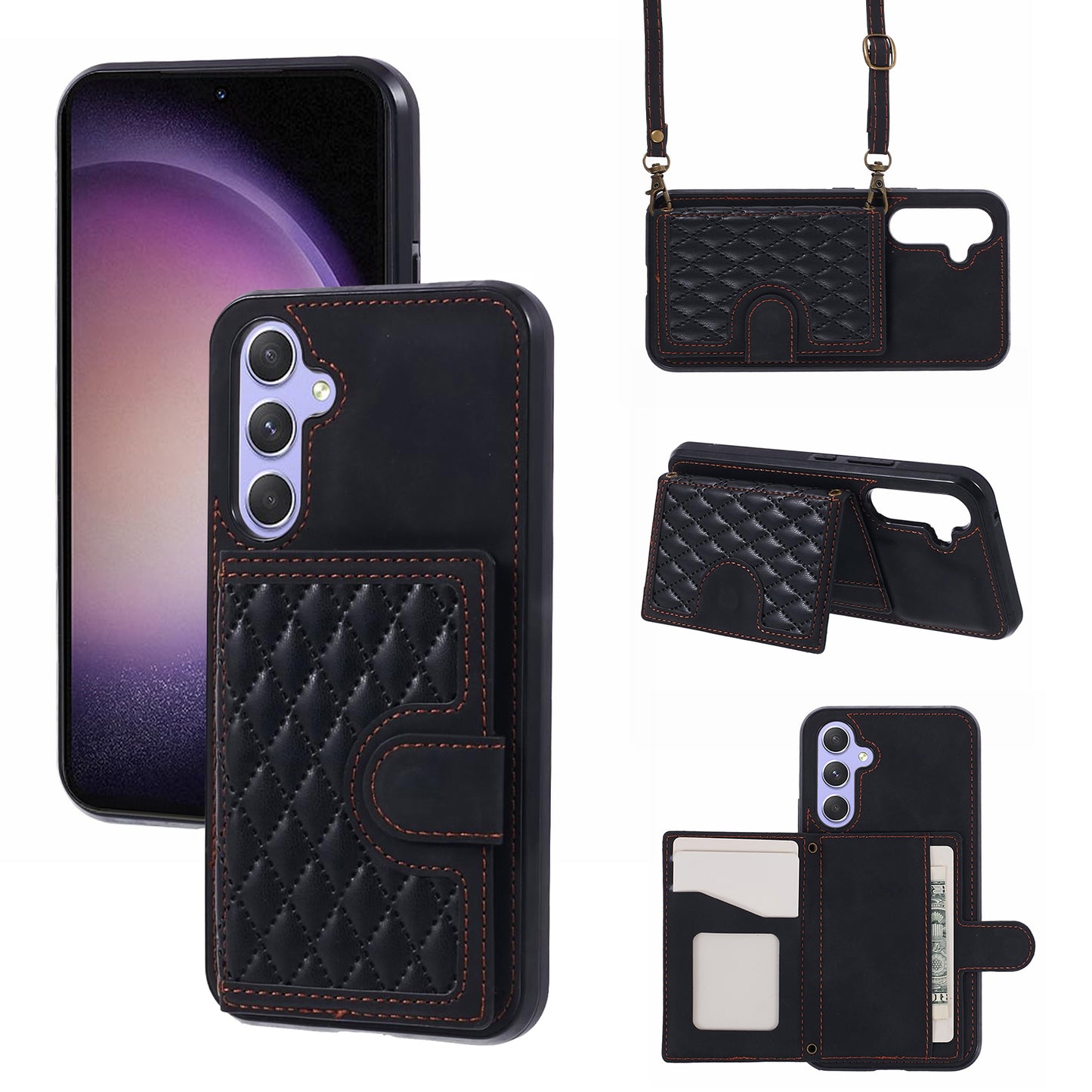 For Samsung Galaxy S24 Case Rhombus Imprinted Card Bag Drop-proof Phone Cover with Long Strap - Black