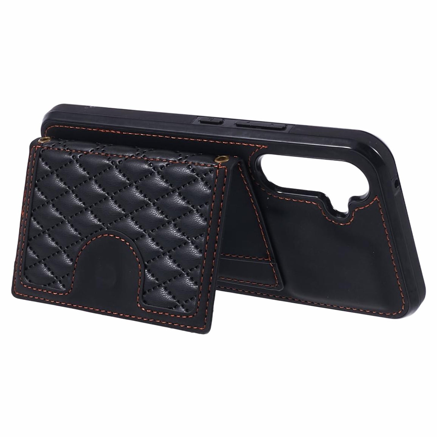 For Samsung Galaxy S24 Case Rhombus Imprinted Card Bag Drop-proof Phone Cover with Long Strap - Black