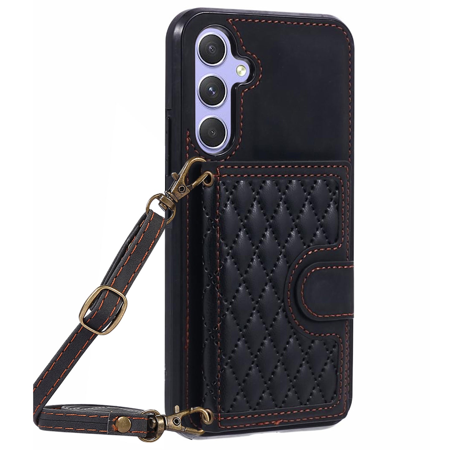 For Samsung Galaxy S24 Case Rhombus Imprinted Card Bag Drop-proof Phone Cover with Long Strap - Black