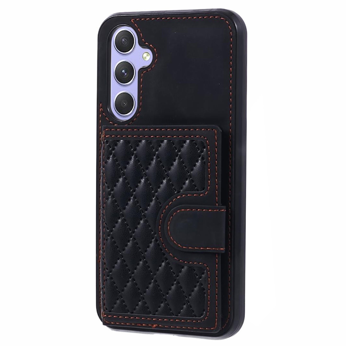 For Samsung Galaxy S24 Case Rhombus Imprinted Card Bag Drop-proof Phone Cover with Long Strap - Black