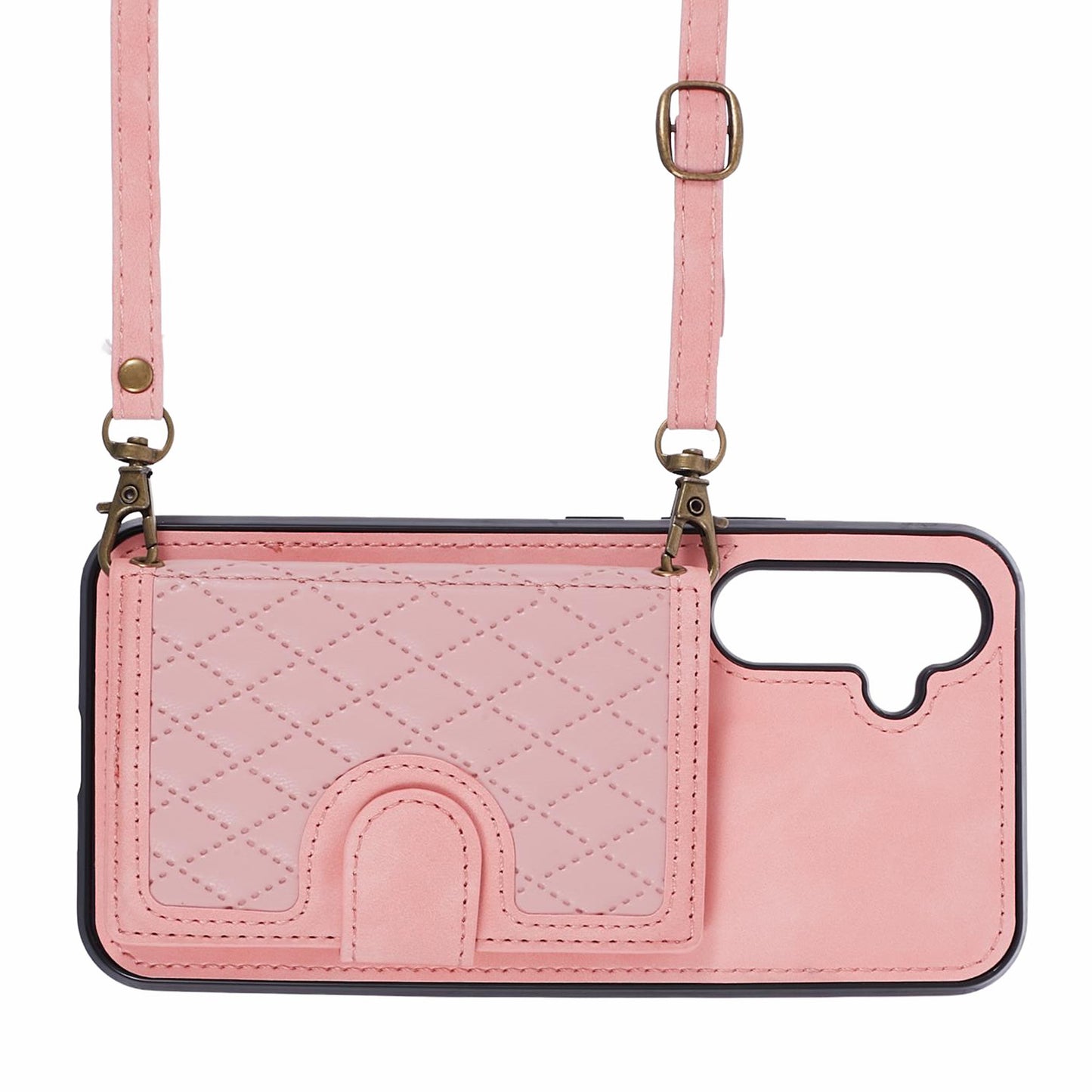 For Samsung Galaxy S24 Case Rhombus Imprinted Card Bag Drop-proof Phone Cover with Long Strap - Rose Gold