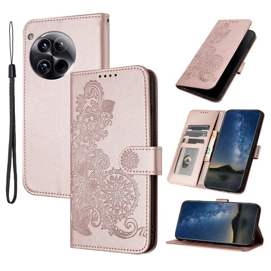YX0050 For OnePlus 12 5G Cell Phone Case Leather Imprint Sunflower Pattern Foldable Stand Cover - Pink