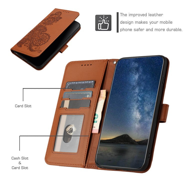 YX0050 For OnePlus 12 5G Cell Phone Case Leather Imprint Sunflower Pattern Foldable Stand Cover - Coffee