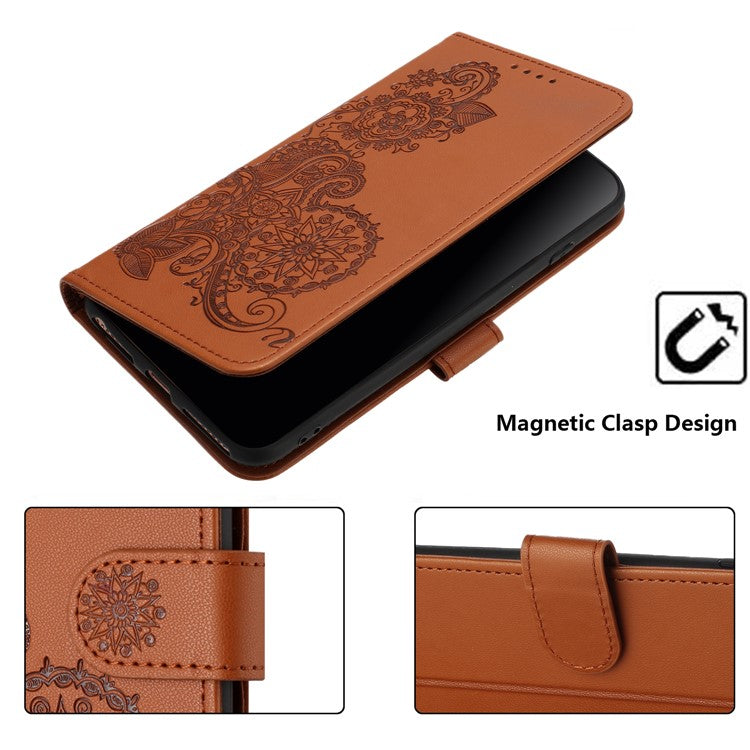 YX0050 For OnePlus 12 5G Cell Phone Case Leather Imprint Sunflower Pattern Foldable Stand Cover - Coffee