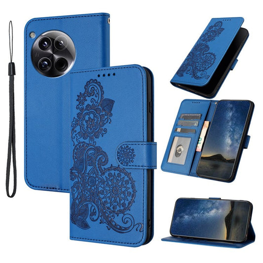 YX0050 For OnePlus 12 5G Cell Phone Case Leather Imprint Sunflower Pattern Foldable Stand Cover - Sapphire