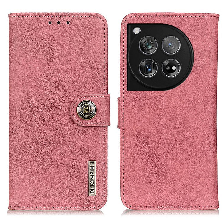 KHAZNEH For OnePlus 12 5G Case Cowhide Texture Stand Wallet Anti-drop Phone Cover - Pink