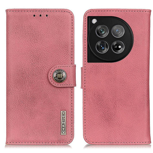 KHAZNEH For OnePlus 12 5G Case Cowhide Texture Stand Wallet Anti-drop Phone Cover - Pink