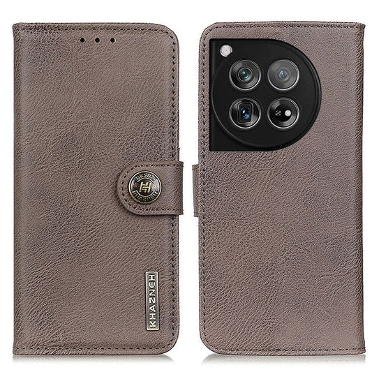 KHAZNEH For OnePlus 12 5G Case Cowhide Texture Stand Wallet Anti-drop Phone Cover - Khaki