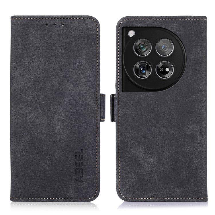 ABEEL For OnePlus 12 5G Case Retro PU Leather+TPU Folio Stand Cover with Magnetic Clasp - Black