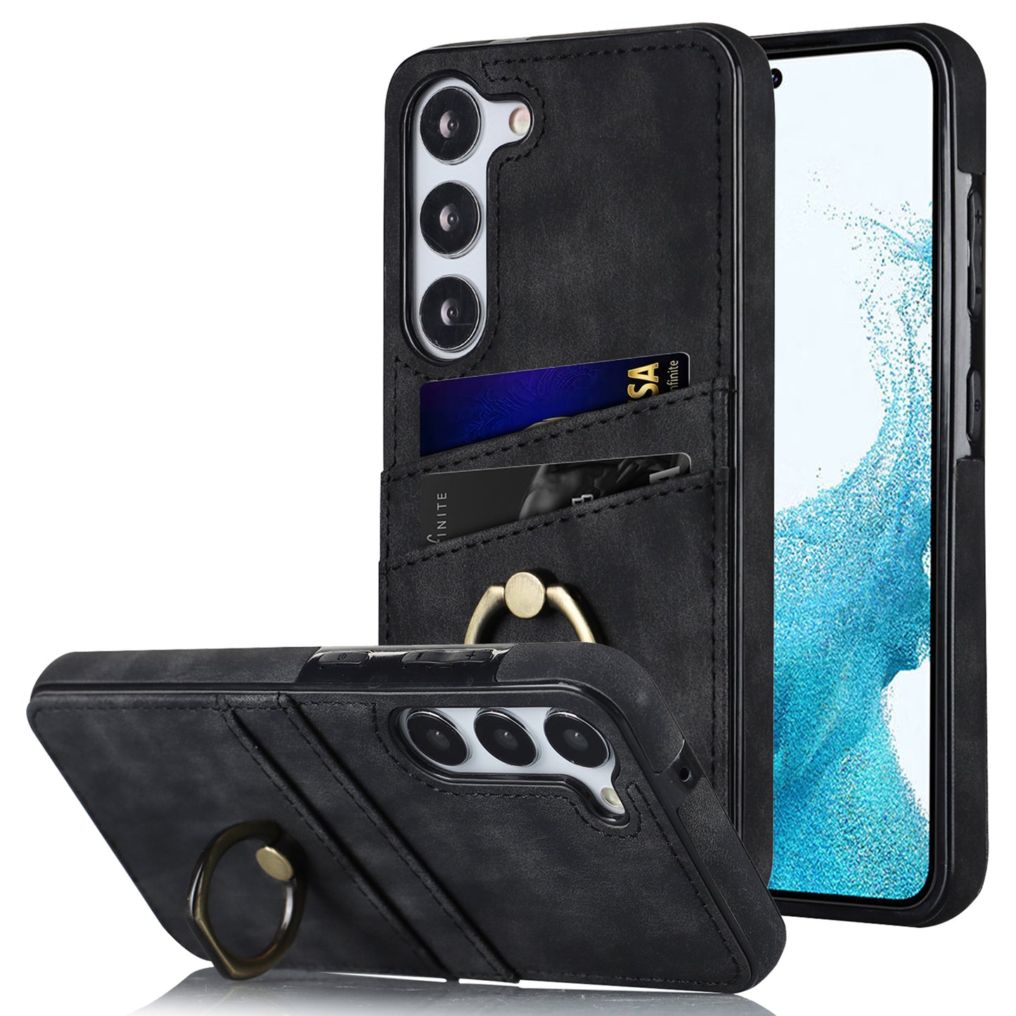 For Samsung Galaxy S24 Case PU Leather Coated TPU Retro Card Slots Phone Cover - Black