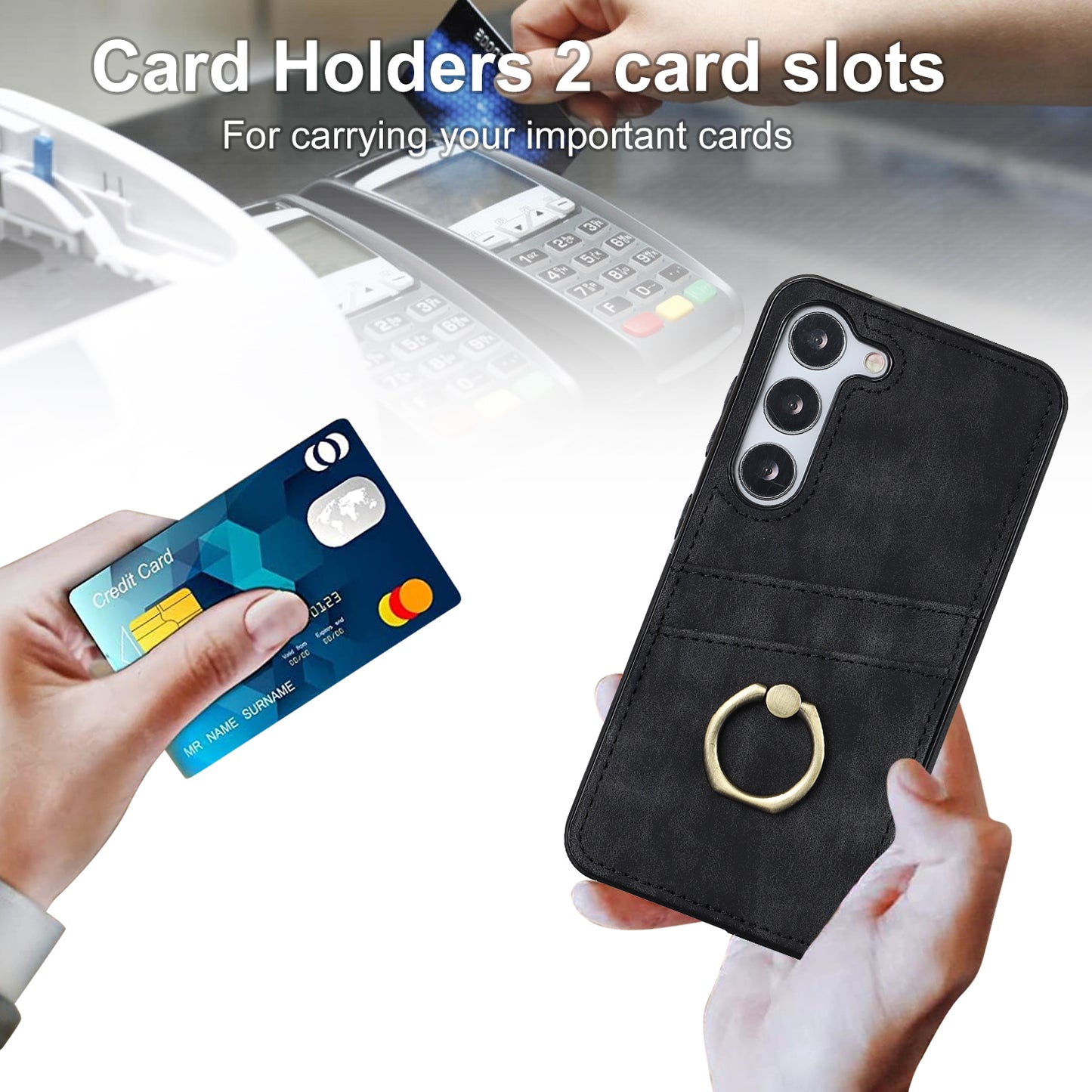 For Samsung Galaxy S24 Case PU Leather Coated TPU Retro Card Slots Phone Cover - Black
