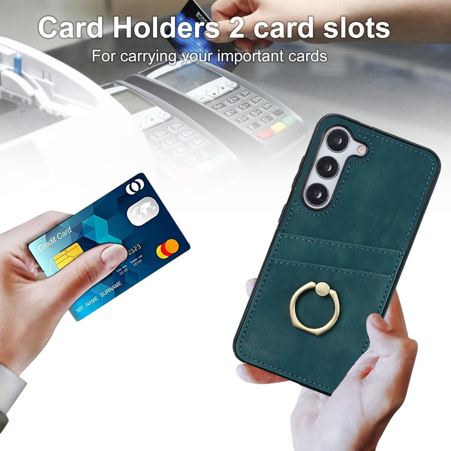 For Samsung Galaxy S24 Case PU Leather Coated TPU Retro Card Slots Phone Cover - Green
