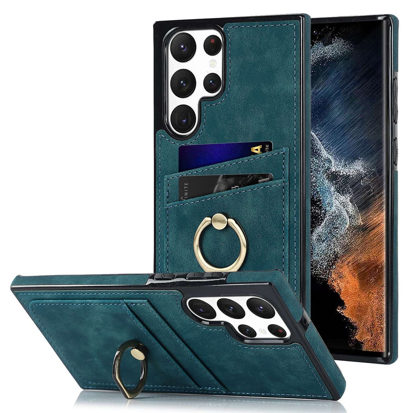 For Samsung Galaxy S24 Ultra Cell Phone Case Ring Kickstand PU Leather Coated TPU Cover - Green