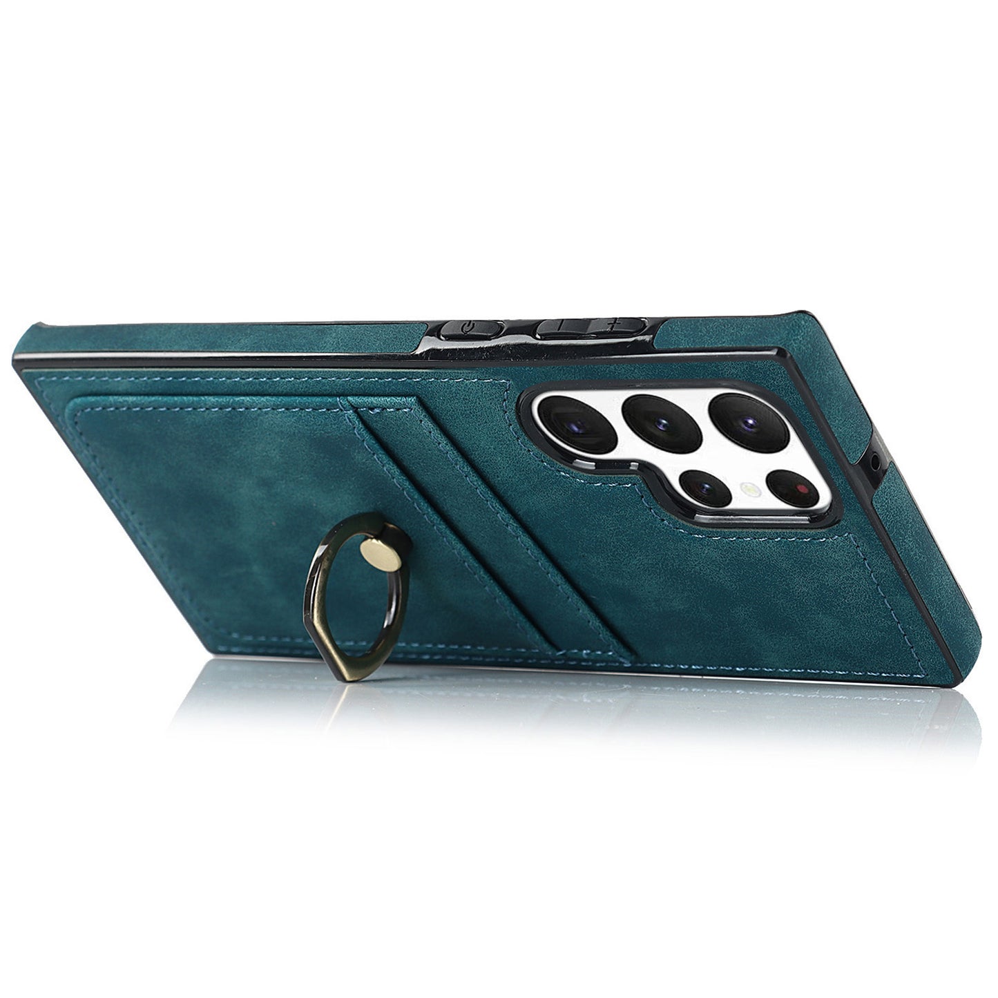 For Samsung Galaxy S24 Ultra Cell Phone Case Ring Kickstand PU Leather Coated TPU Cover - Green