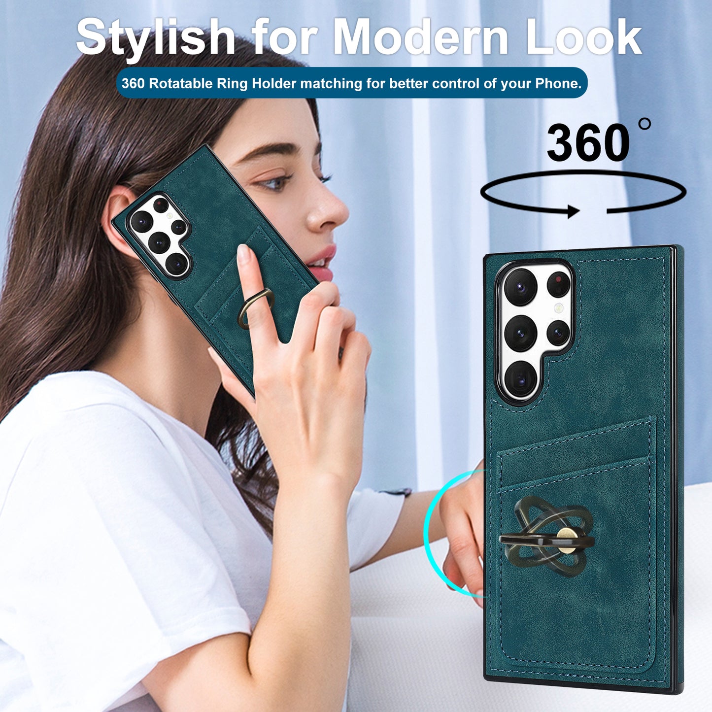 For Samsung Galaxy S24 Ultra Cell Phone Case Ring Kickstand PU Leather Coated TPU Cover - Green