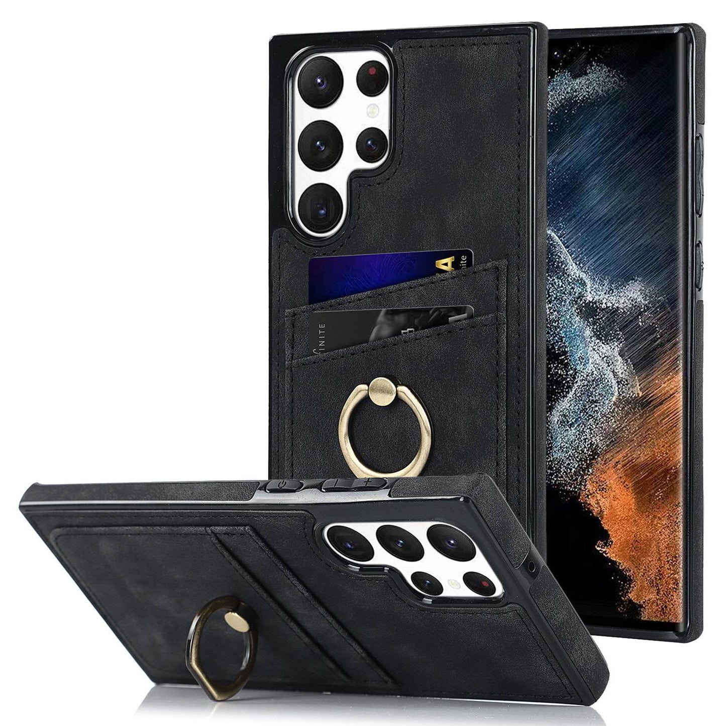 For Samsung Galaxy S24 Ultra Cell Phone Case Ring Kickstand PU Leather Coated TPU Cover - Black