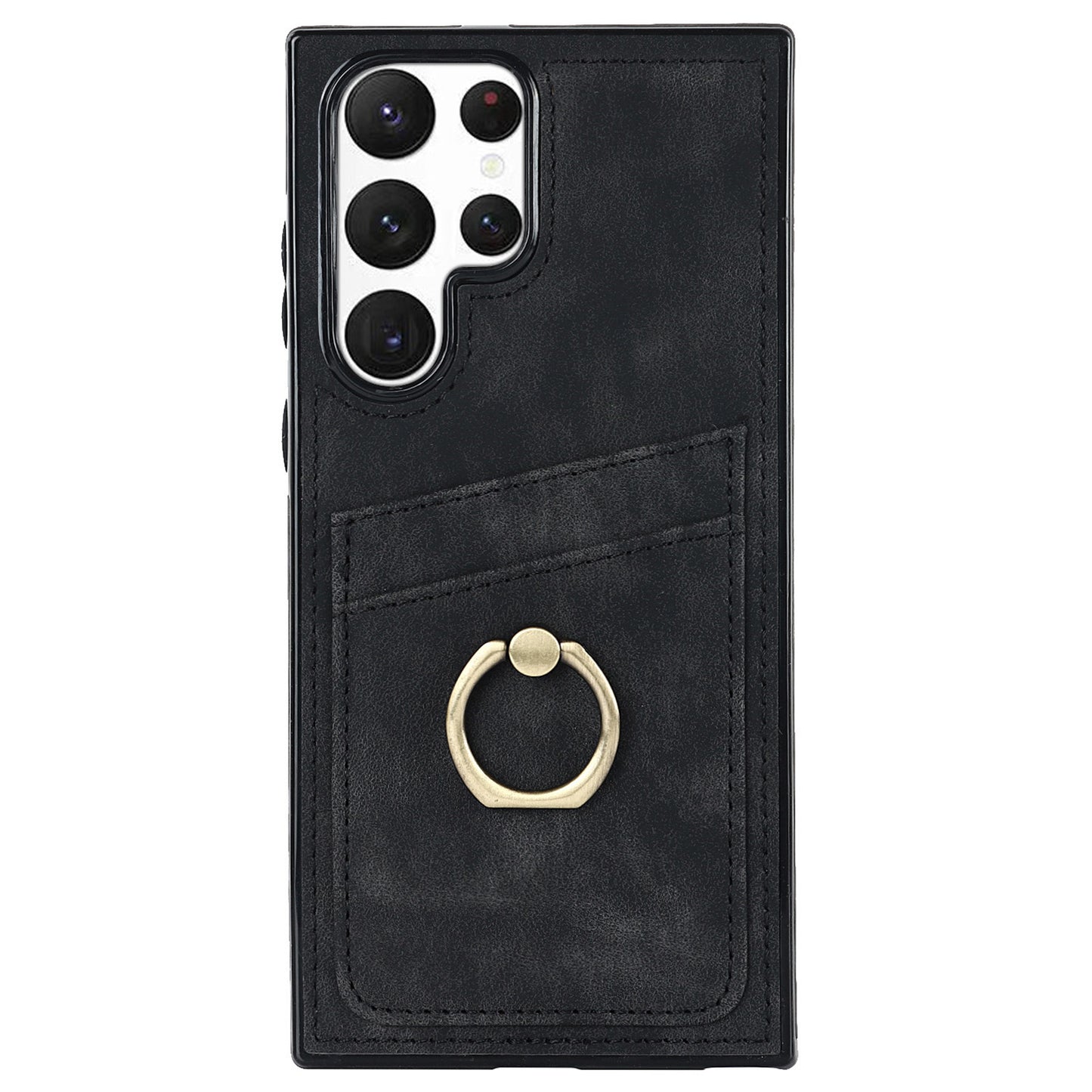 For Samsung Galaxy S24 Ultra Cell Phone Case Ring Kickstand PU Leather Coated TPU Cover - Black