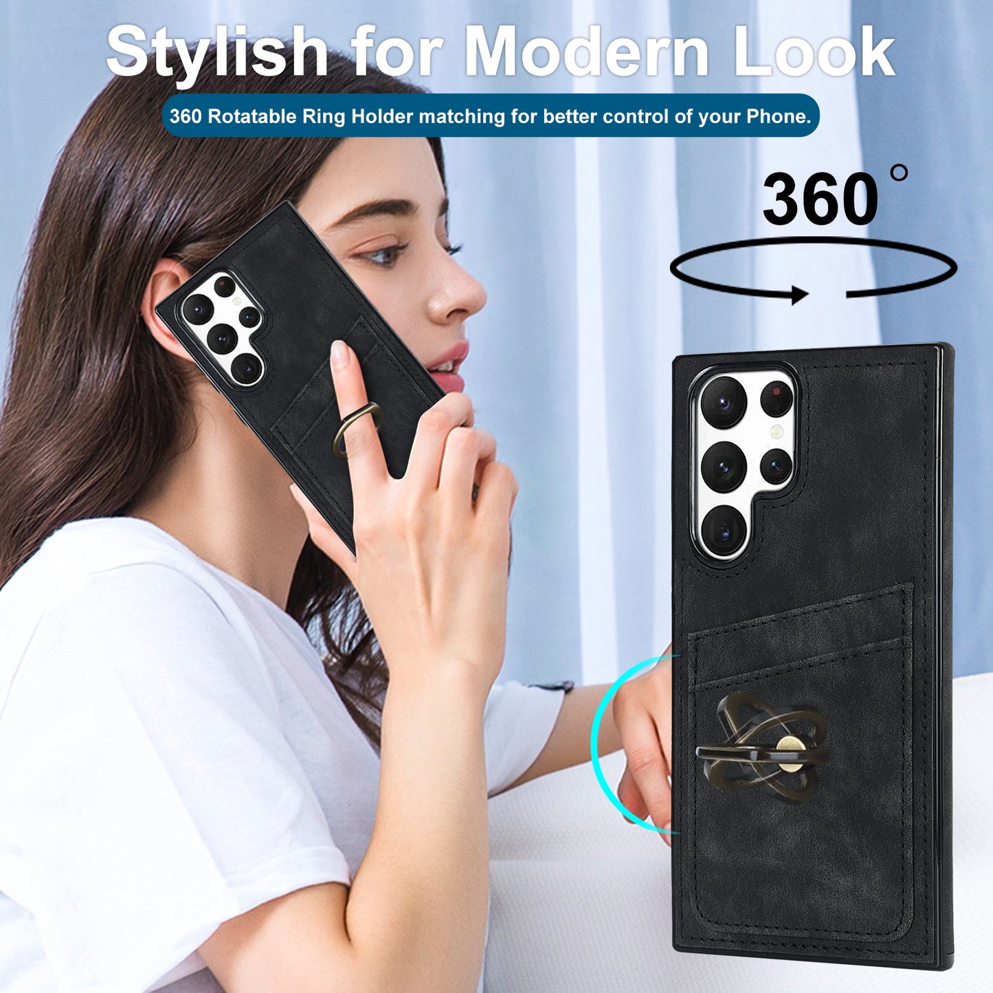 For Samsung Galaxy S24 Ultra Cell Phone Case Ring Kickstand PU Leather Coated TPU Cover - Black
