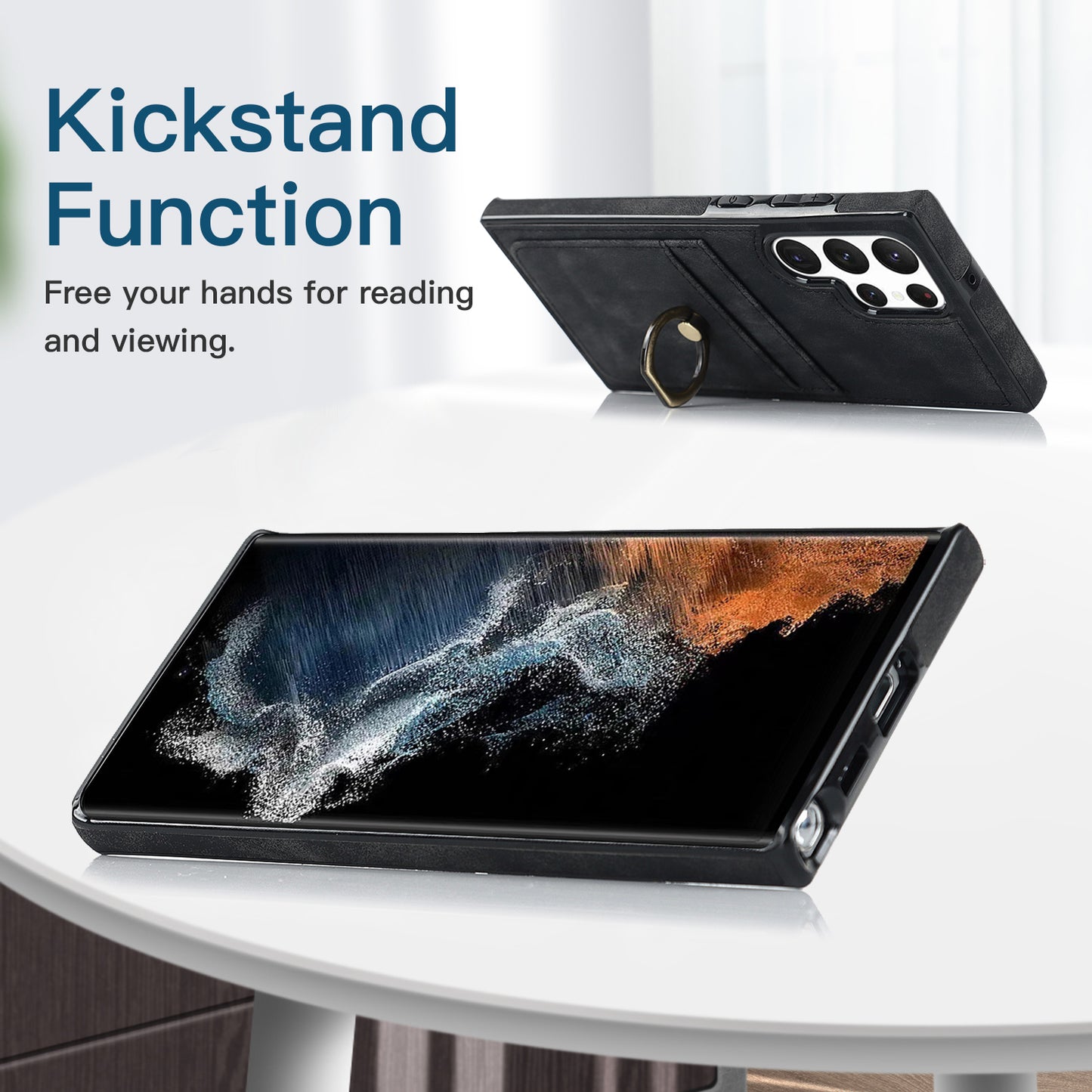 For Samsung Galaxy S24 Ultra Cell Phone Case Ring Kickstand PU Leather Coated TPU Cover - Black