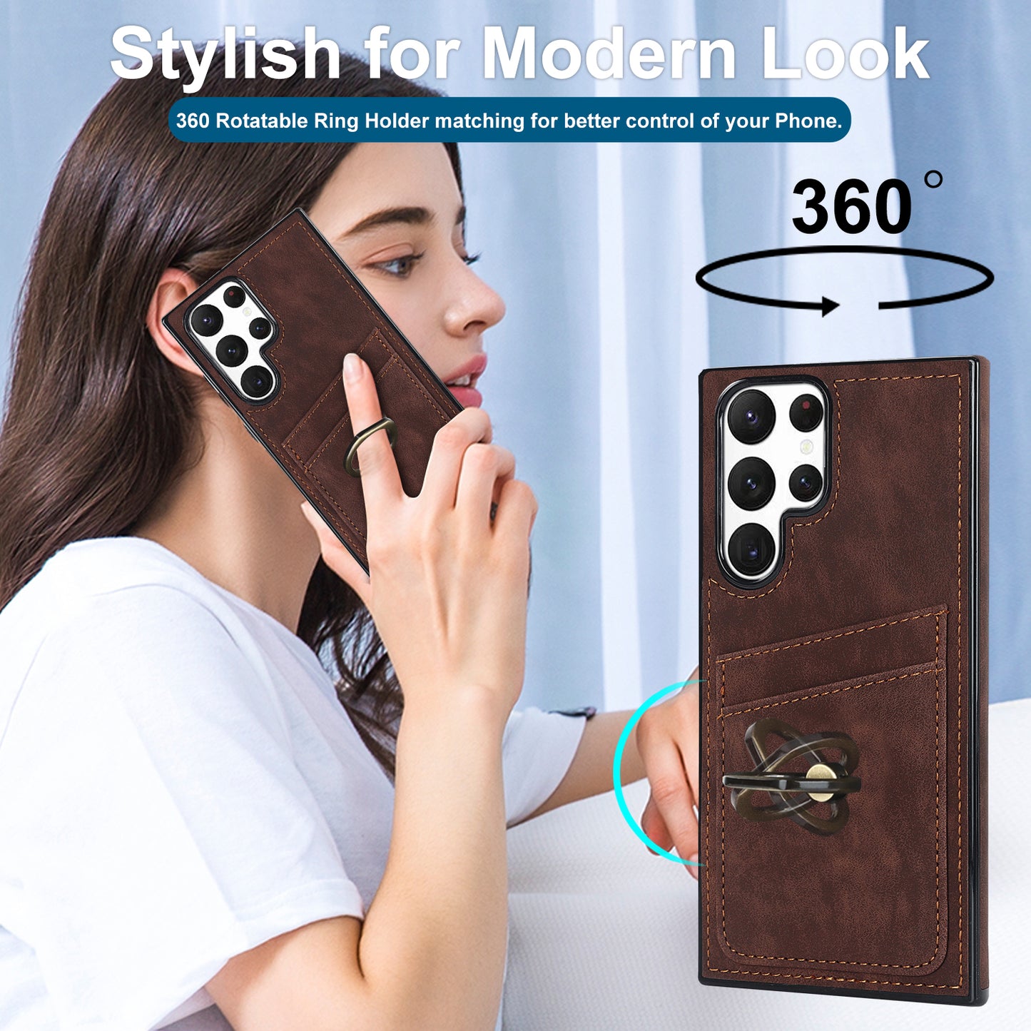 For Samsung Galaxy S24 Ultra Cell Phone Case Ring Kickstand PU Leather Coated TPU Cover - Brown