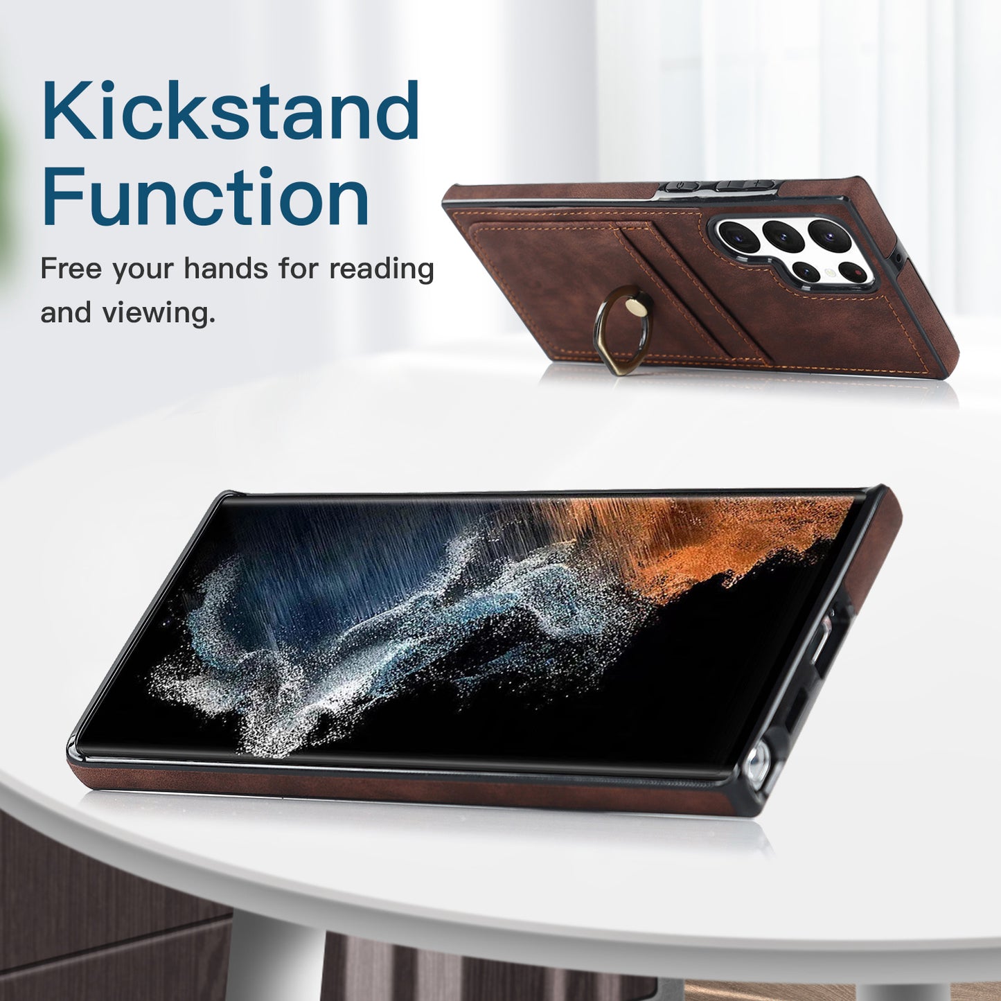 For Samsung Galaxy S24 Ultra Cell Phone Case Ring Kickstand PU Leather Coated TPU Cover - Brown