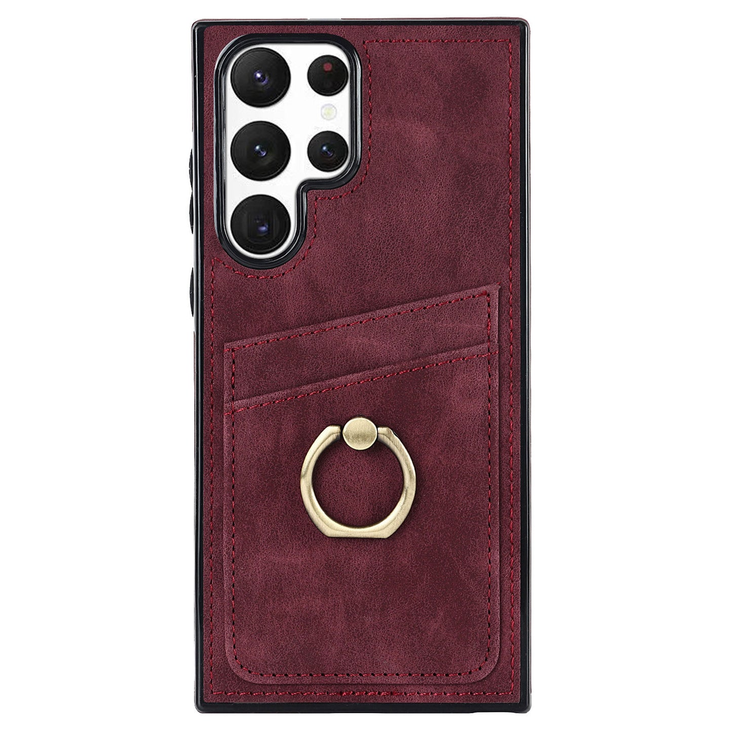 For Samsung Galaxy S24 Ultra Cell Phone Case Ring Kickstand PU Leather Coated TPU Cover - Wine Red