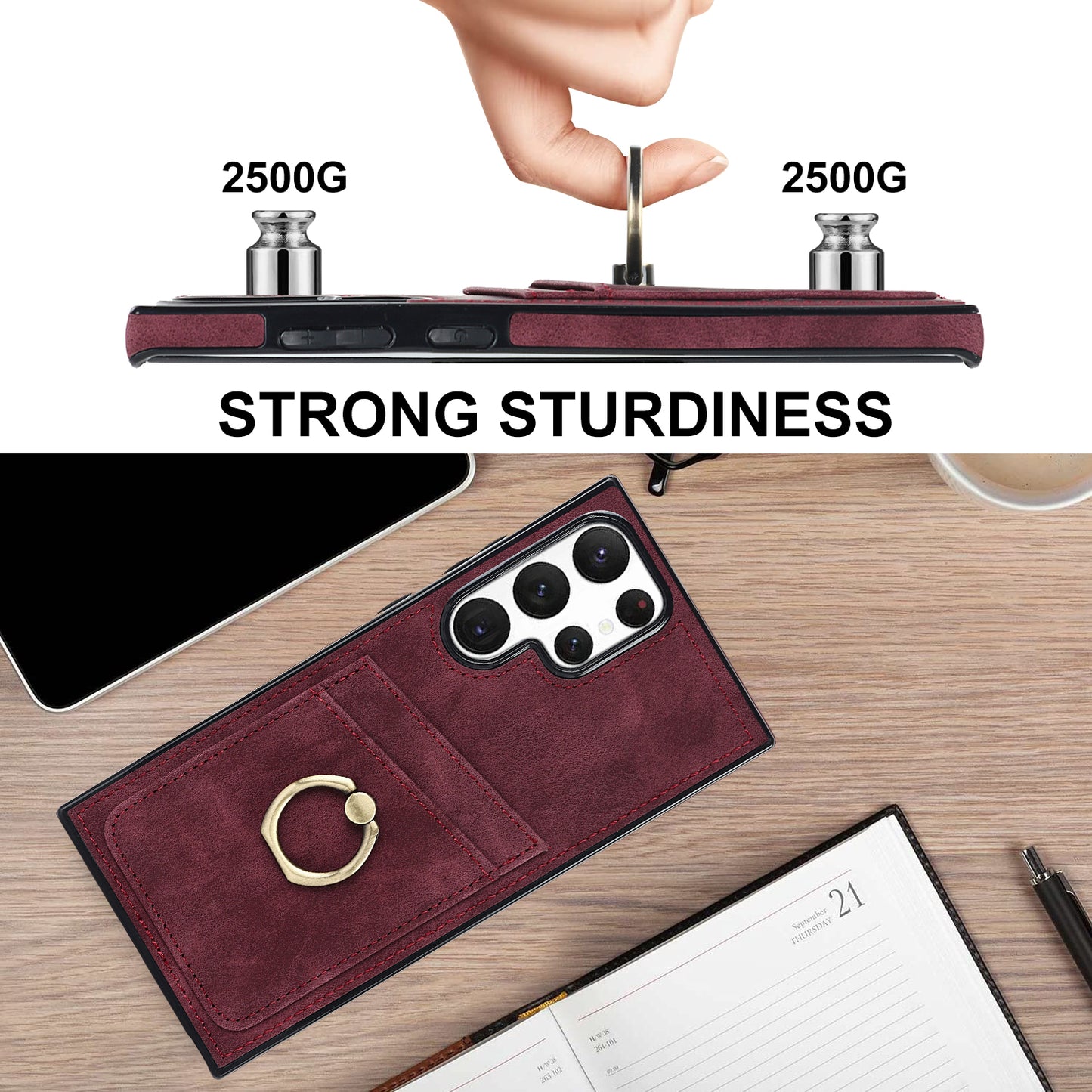 For Samsung Galaxy S24 Ultra Cell Phone Case Ring Kickstand PU Leather Coated TPU Cover - Wine Red