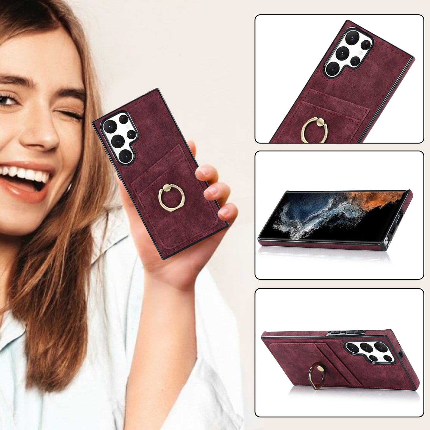 For Samsung Galaxy S24 Ultra Cell Phone Case Ring Kickstand PU Leather Coated TPU Cover - Wine Red