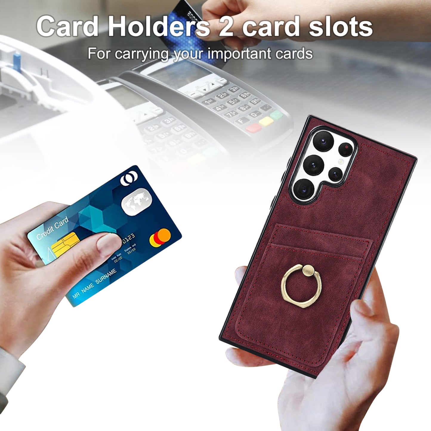 For Samsung Galaxy S24 Ultra Cell Phone Case Ring Kickstand PU Leather Coated TPU Cover - Wine Red
